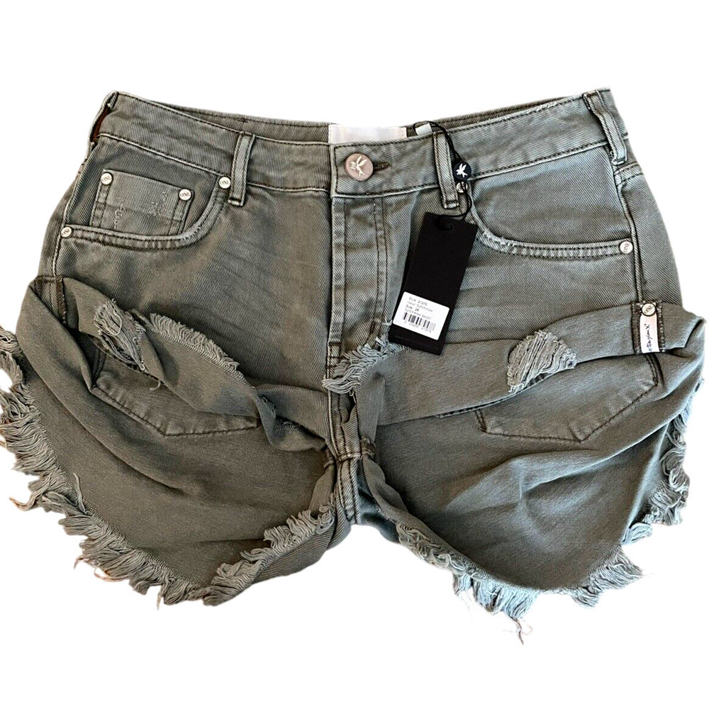 ONE Teaspoon 26 Green Super Khaki Bandit Button Fly Distressed Denim Shorts -NWT